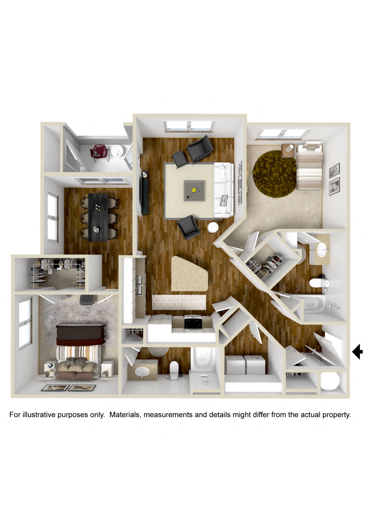 Floor plan for 2 beds, 2 baths, 1217 sqft
